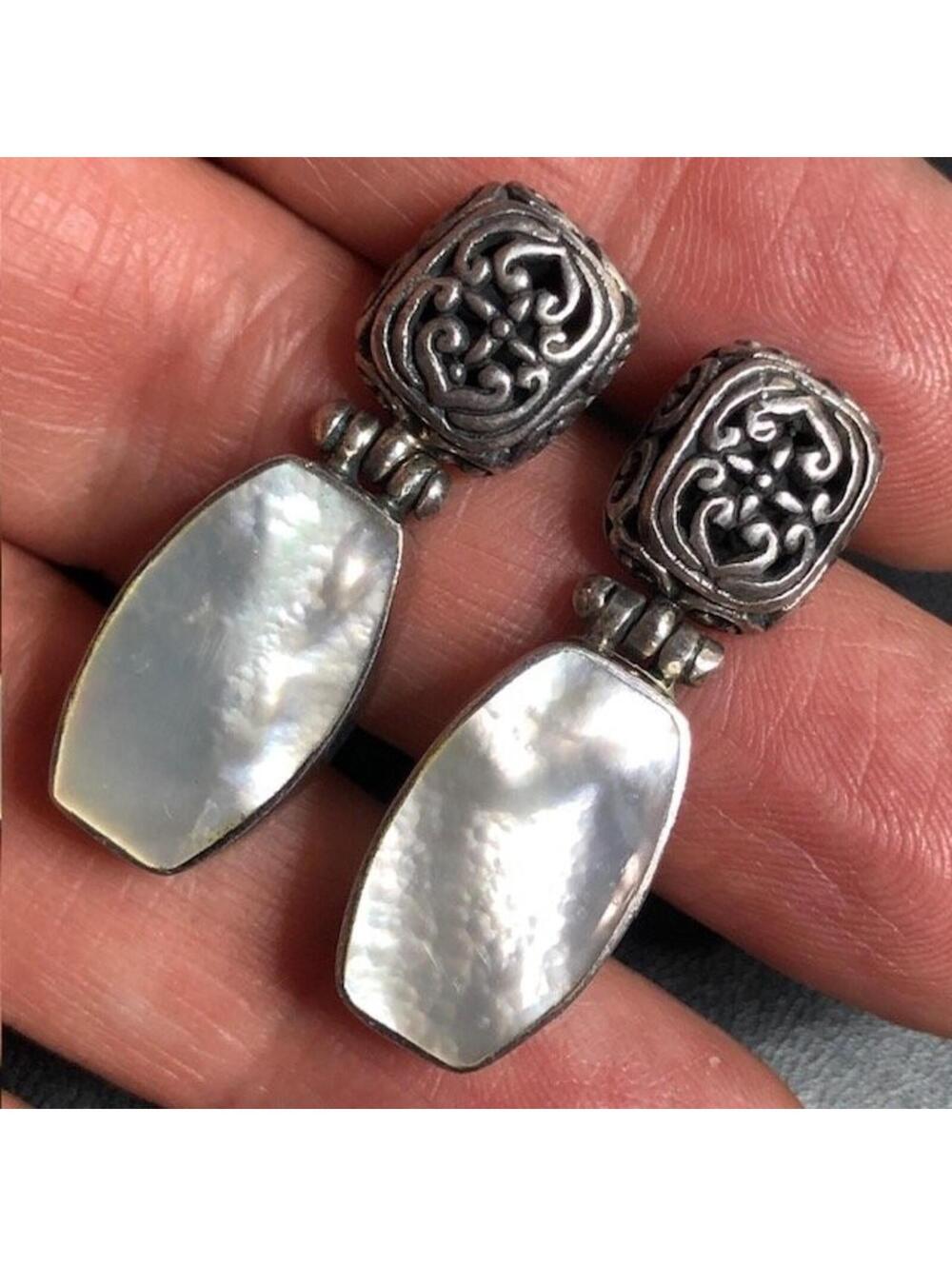 B1276 Vintage 925 Sterling Silver Mother of Pearl Filigree Dangle Earrings 9.7g